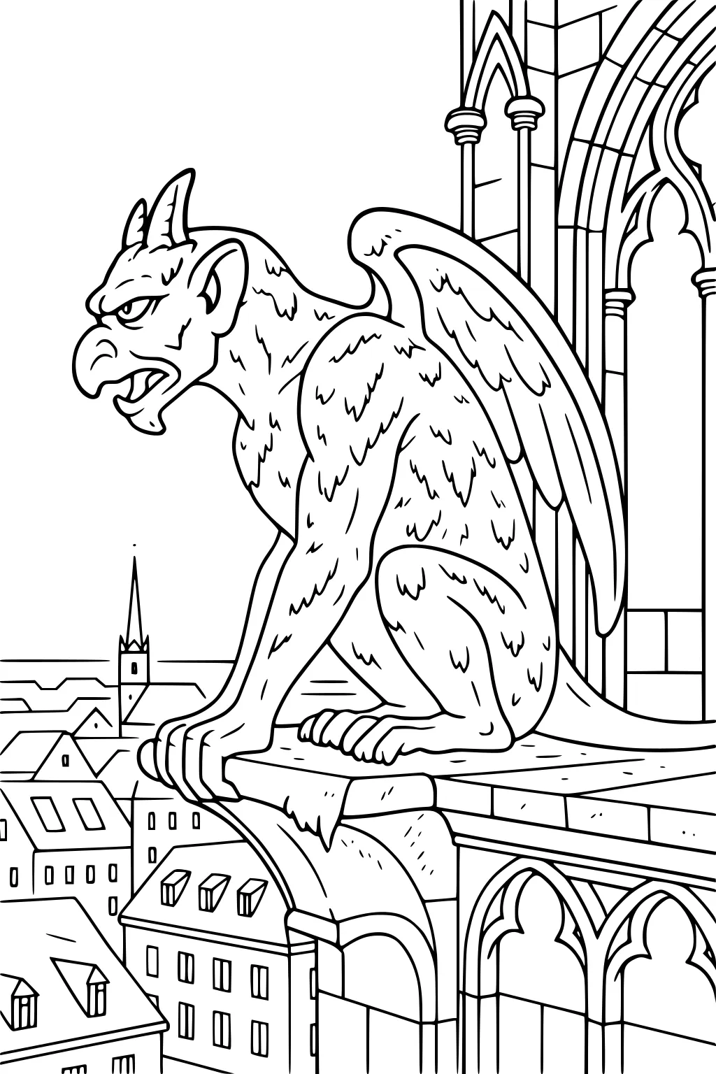 Winged gargoyle crouched on a cathedral ledge, overlooking rooftops and a church steeple with detailed arches and stonework.