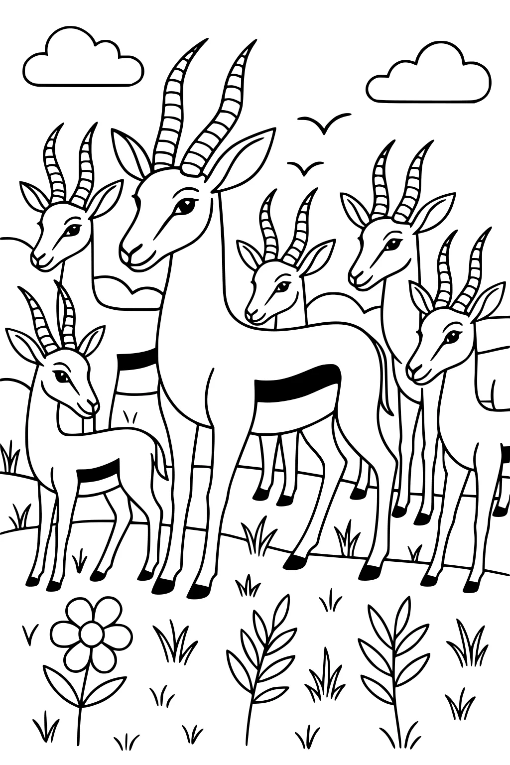 Six gazelle antelope with striped sides and spiral horns standing in a field with grass, one flower, clouds, and flying birds.