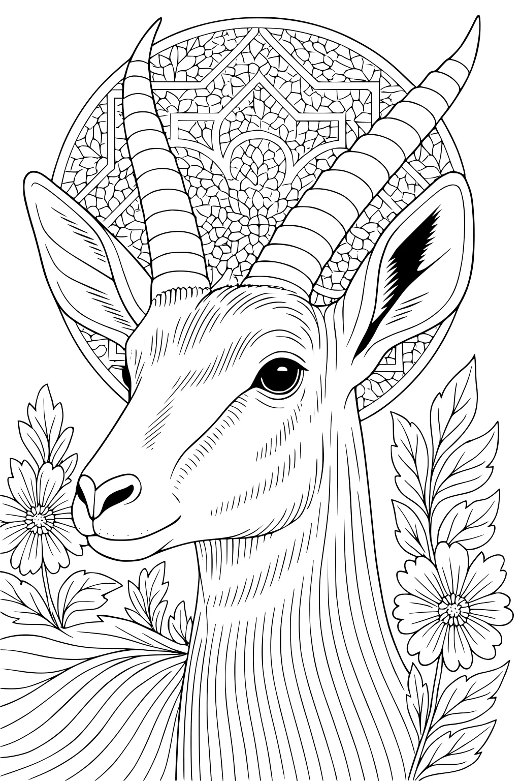 A gazelle with curved horns surrounded by flowers and leaves. Circular patterned background behind the gazelle's head.