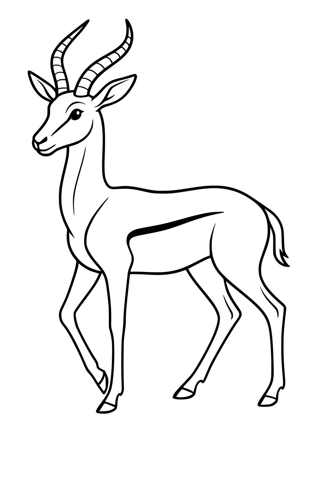 Young gazelle antelope with spiral horns and big eyes standing on slender legs, outlined on a plain background.