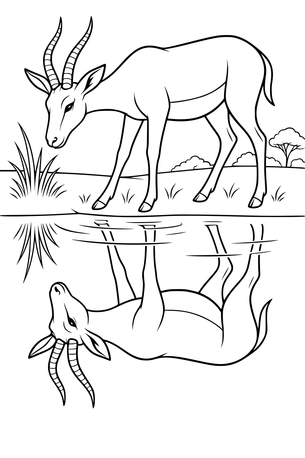 A gazelle with spiral horns drinks at a pond, its full reflection visible in the water with grass and savannah in the background.