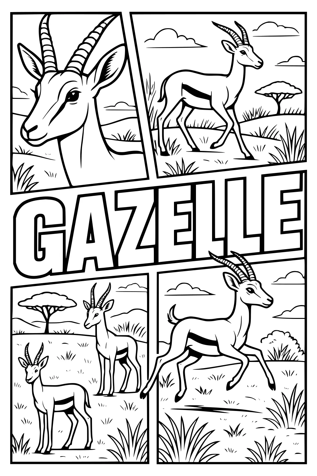 Multiple gazelles with long horns in grassland, standing, walking, and leaping, with trees, grass, clouds, and large GAZELLE text.