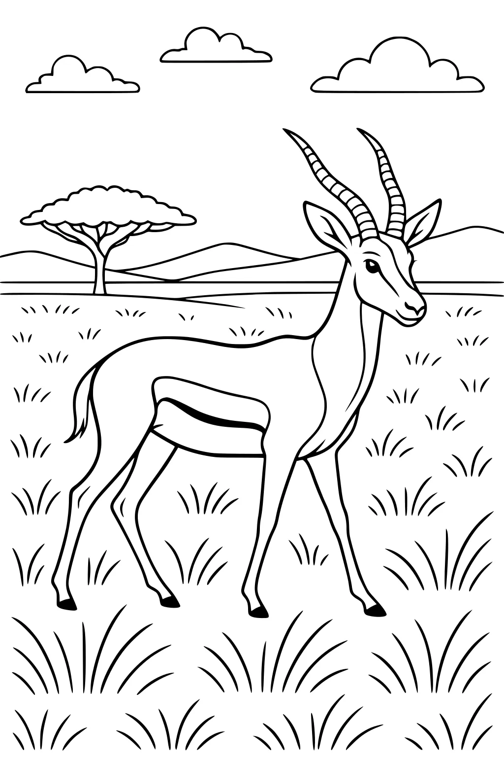 Gazelle with curved horns standing in grassy field. Mountains, acacia tree, and clouds in background. Simple line drawing.