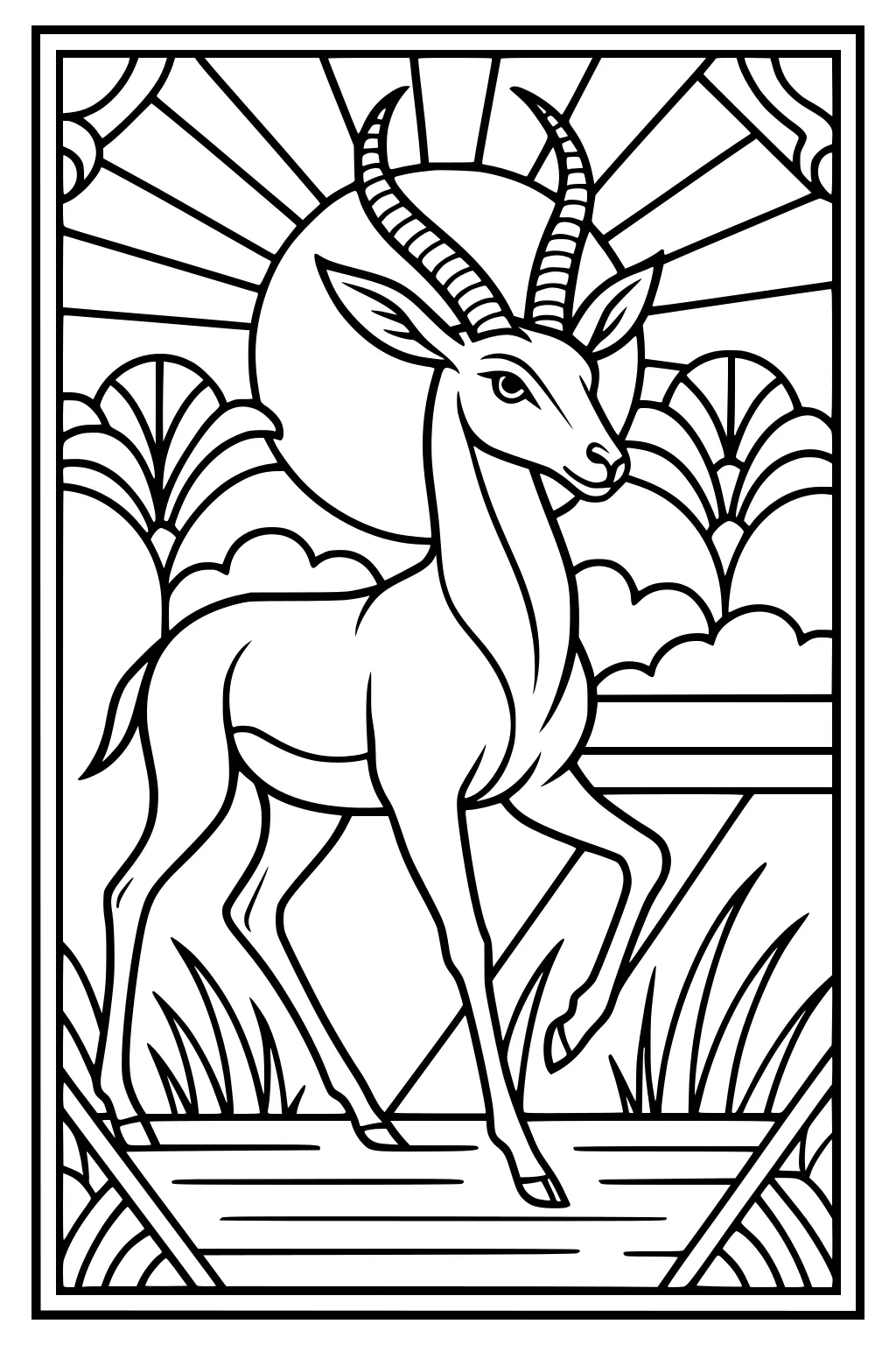 Gazelle with curved horns by water, sun and clouds behind, surrounded by grass and bushes in outlined drawing.