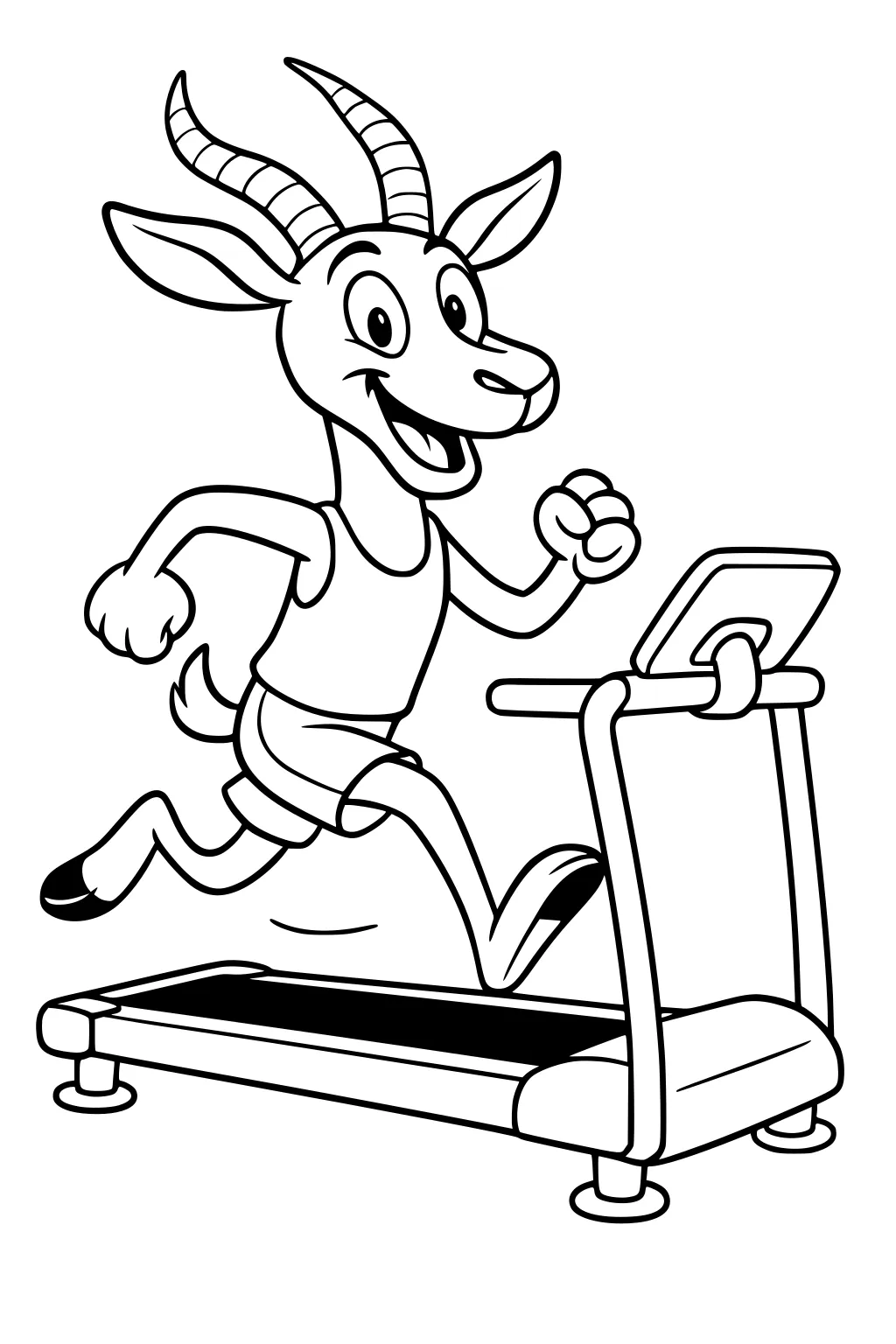 Cartoon gazelle with large horns running on a treadmill, wearing gym clothes and smiling widely.
