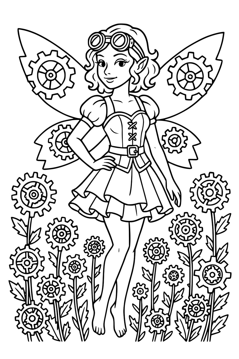 Steampunk fairy girl with goggles and gear wings, barefoot in a garden of cog flowers, wearing a belted dress.