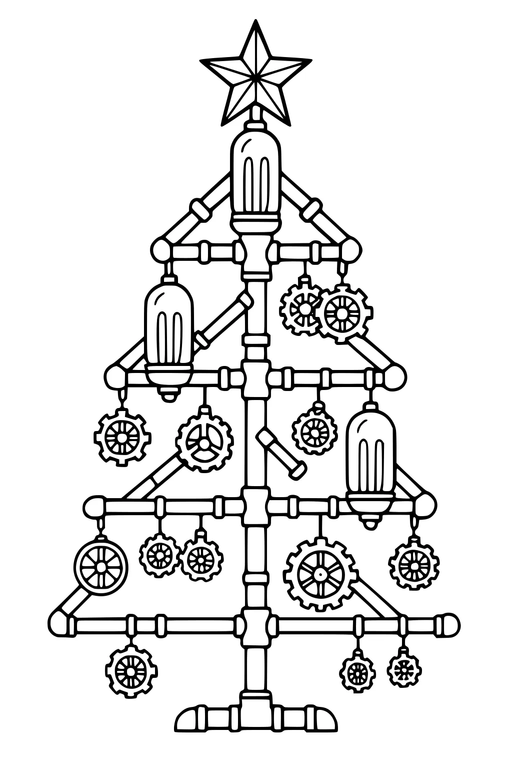 Mechanical Christmas tree built from pipes with gear ornaments, two vintage bulbs, a valve wheel, and a star topper.
