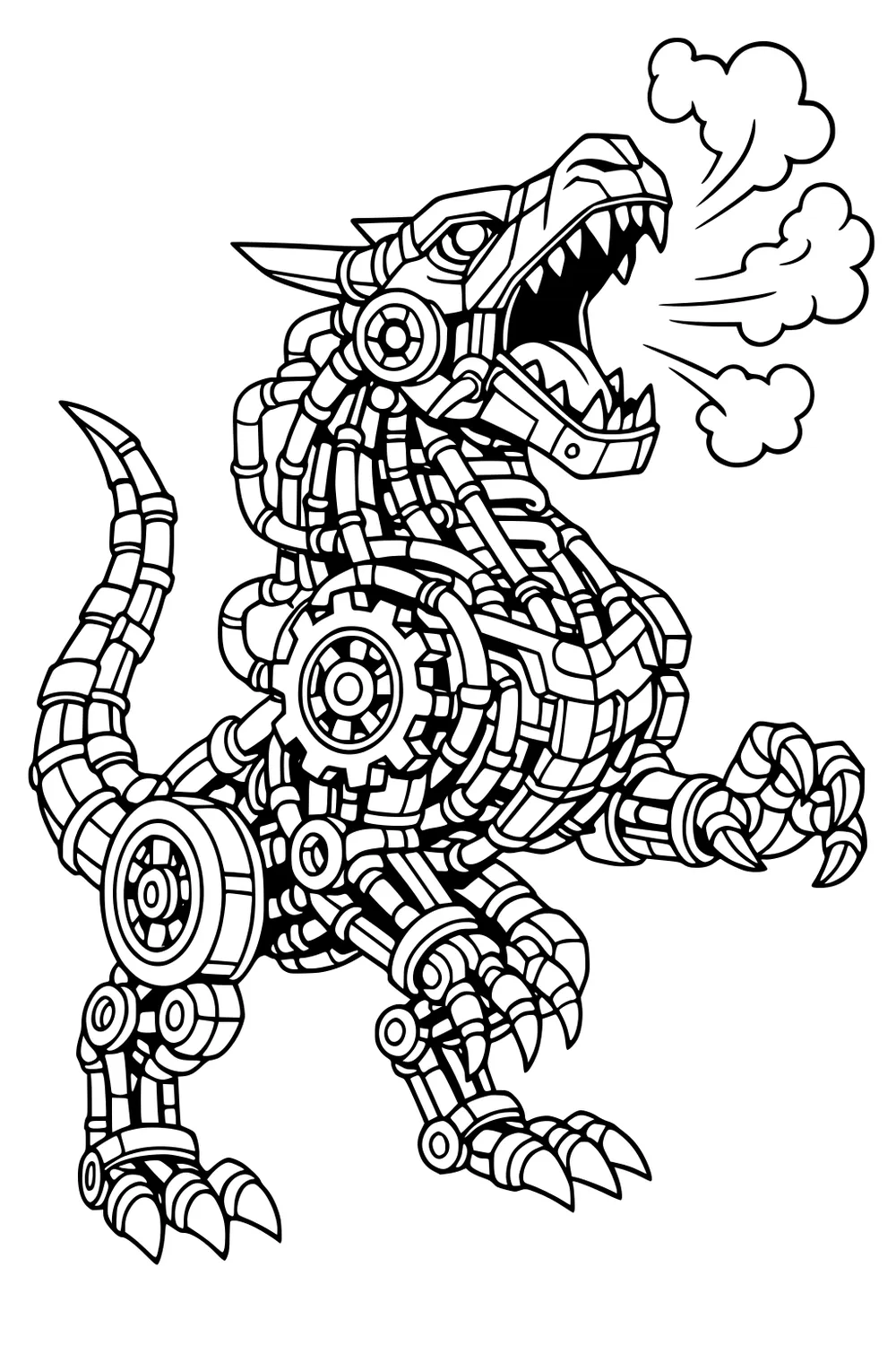 Mechanical dinosaur of gears and pipes roaring steam puffs, open jaws with sharp teeth, clawed feet, and a long segmented tail.
