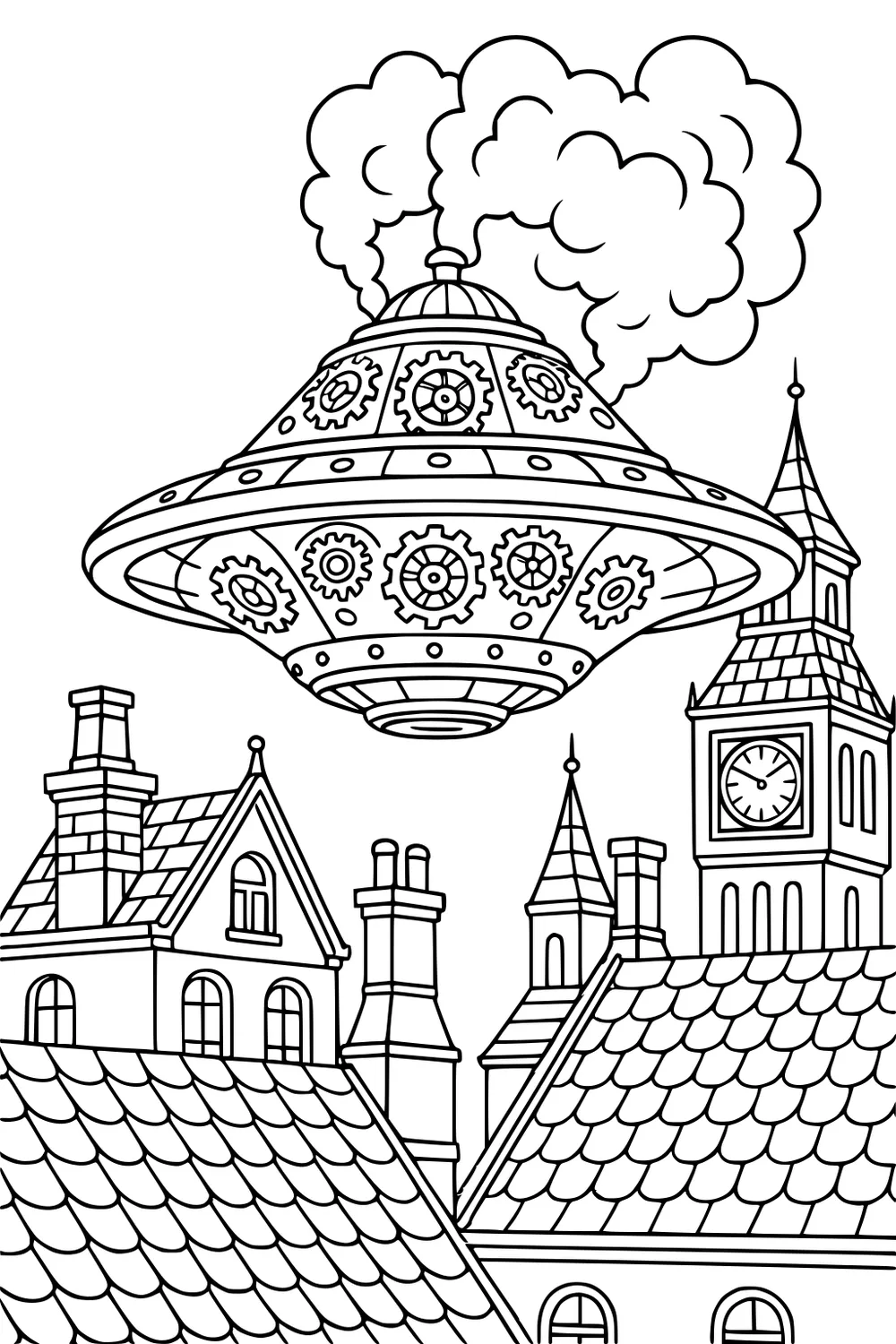 Steampunk UFO with gears and smoke hovering above tiled rooftops, chimneys, and a tall clock tower, black-and-white line art.