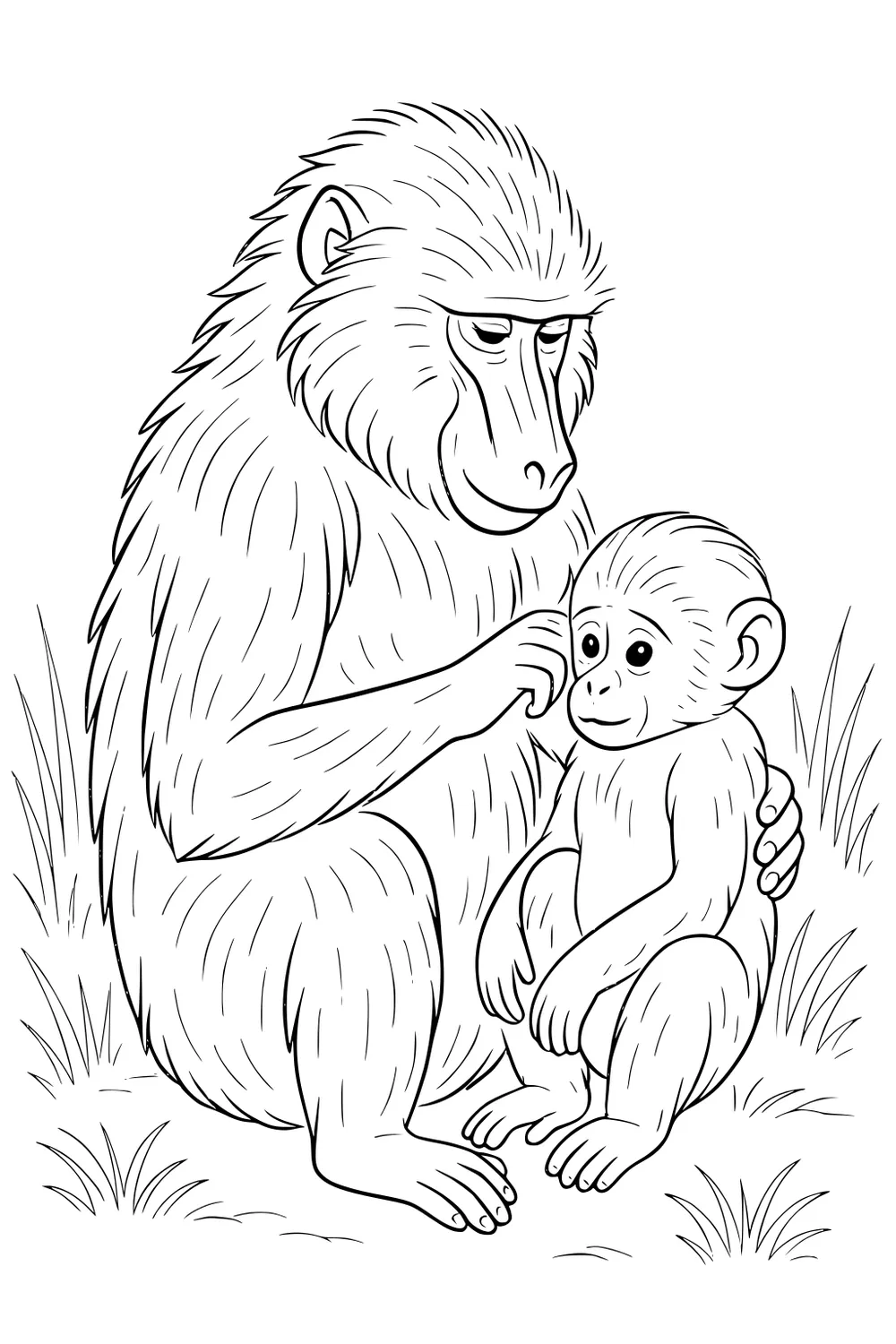 Mother baboon grooming her baby boy baboon while sitting together on grass.