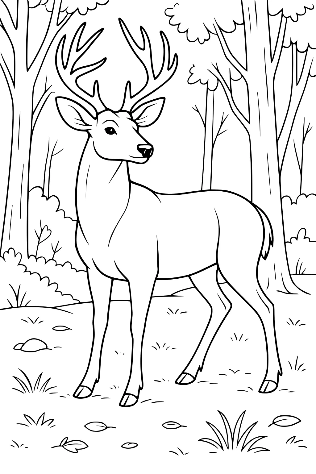 A buck with antlers stands in a forest clearing with trees and grass.