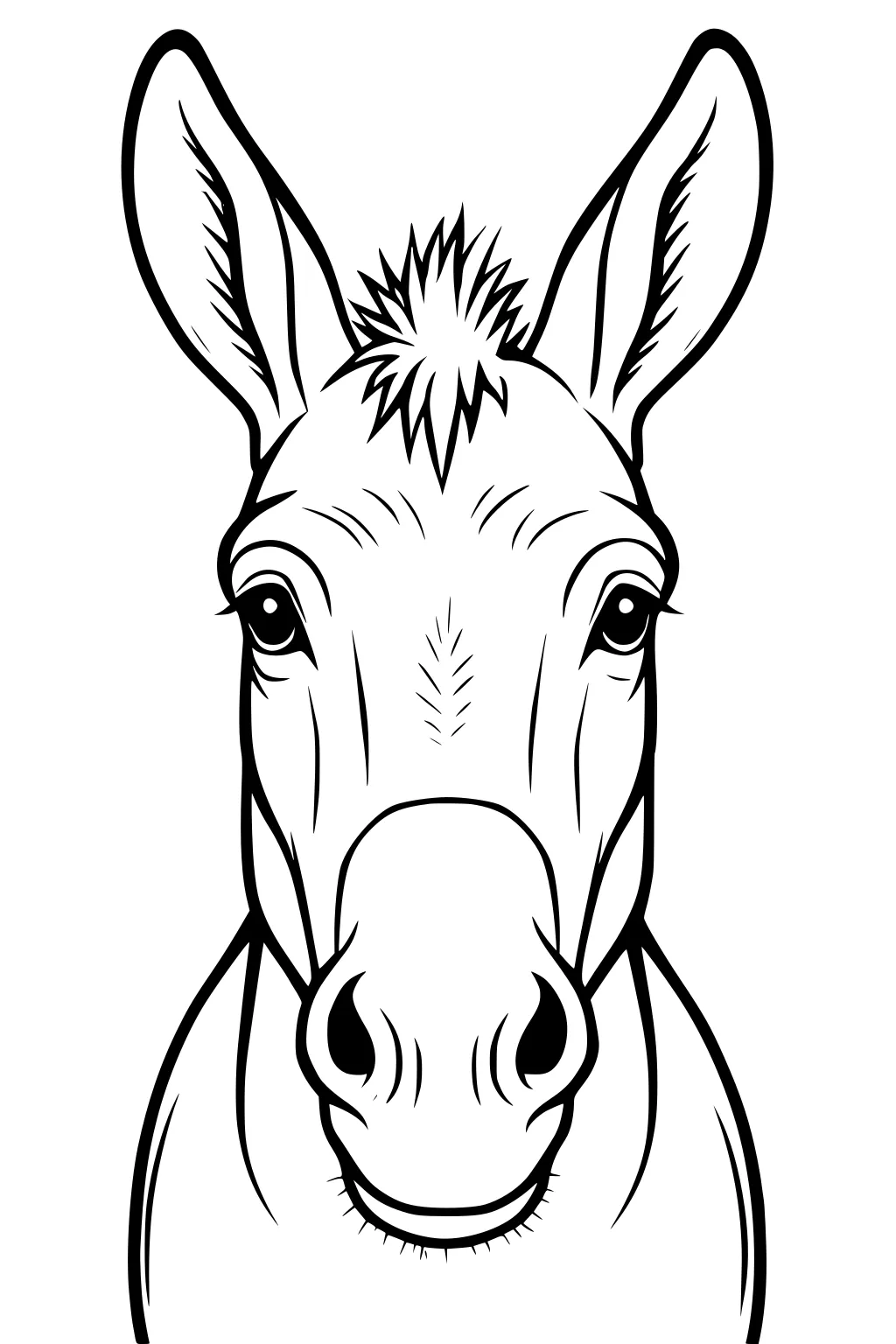 Head-on view of a donkey’s face with large ears, visible nostrils, round eyes, and a spiky mane in black outline.