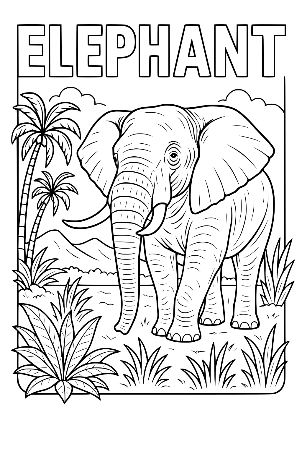 Big elephant standing in grassy field with palm trees, mountains, clouds, plants, and elephant text at the top.