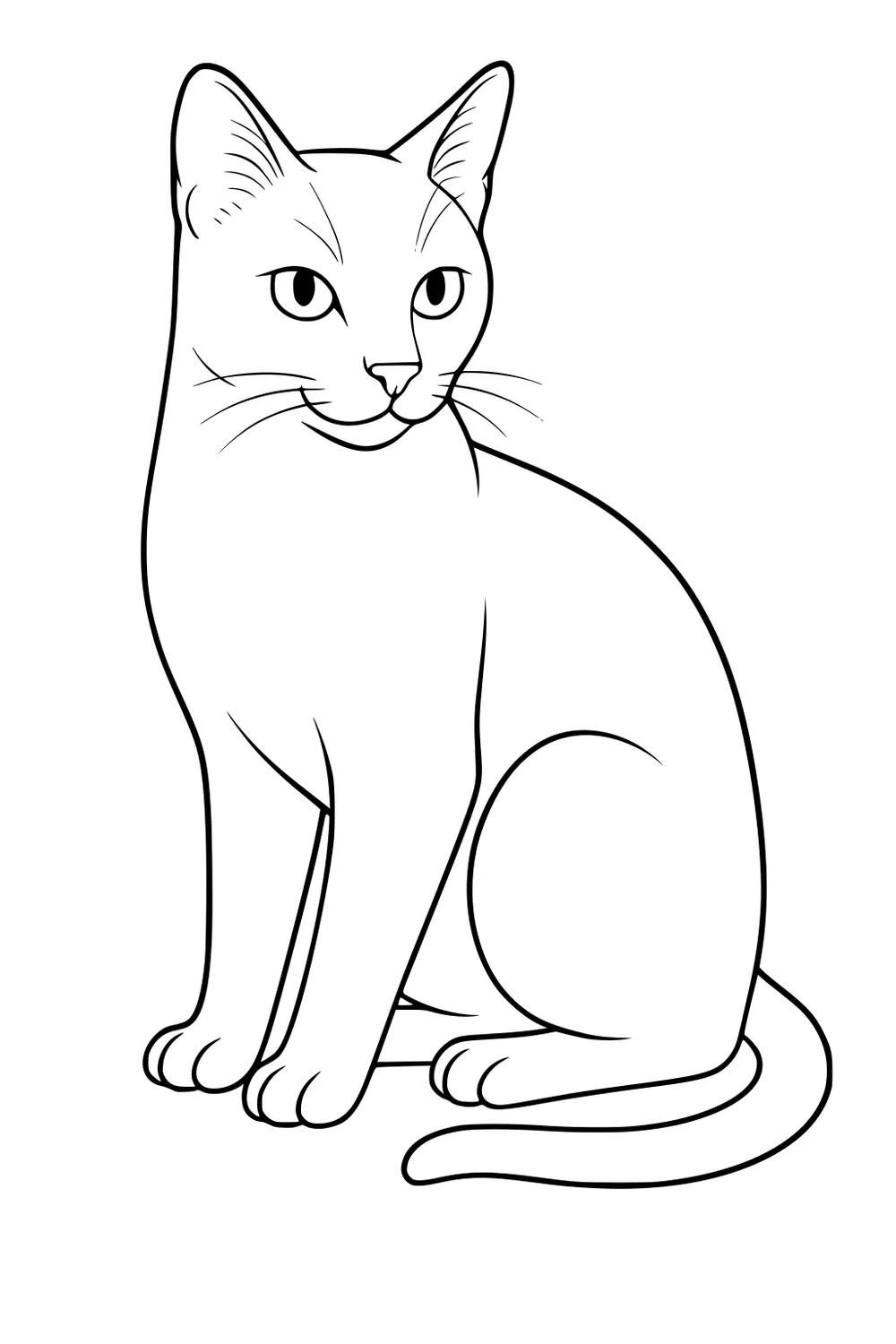 Line drawing of a domestic cat sitting upright with a curled tail and alert ears.