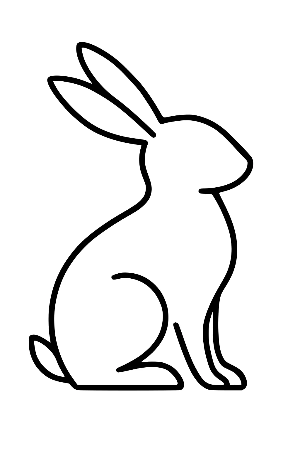 Outline drawing of a sitting rabbit with tall upright ears and a small tail, shown from the side.