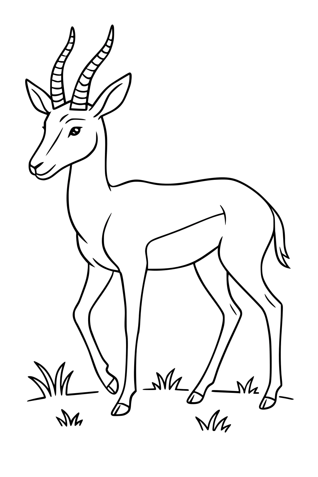 Simple line drawing of a gazelle antelope standing on grass with two striped horns and large ears.