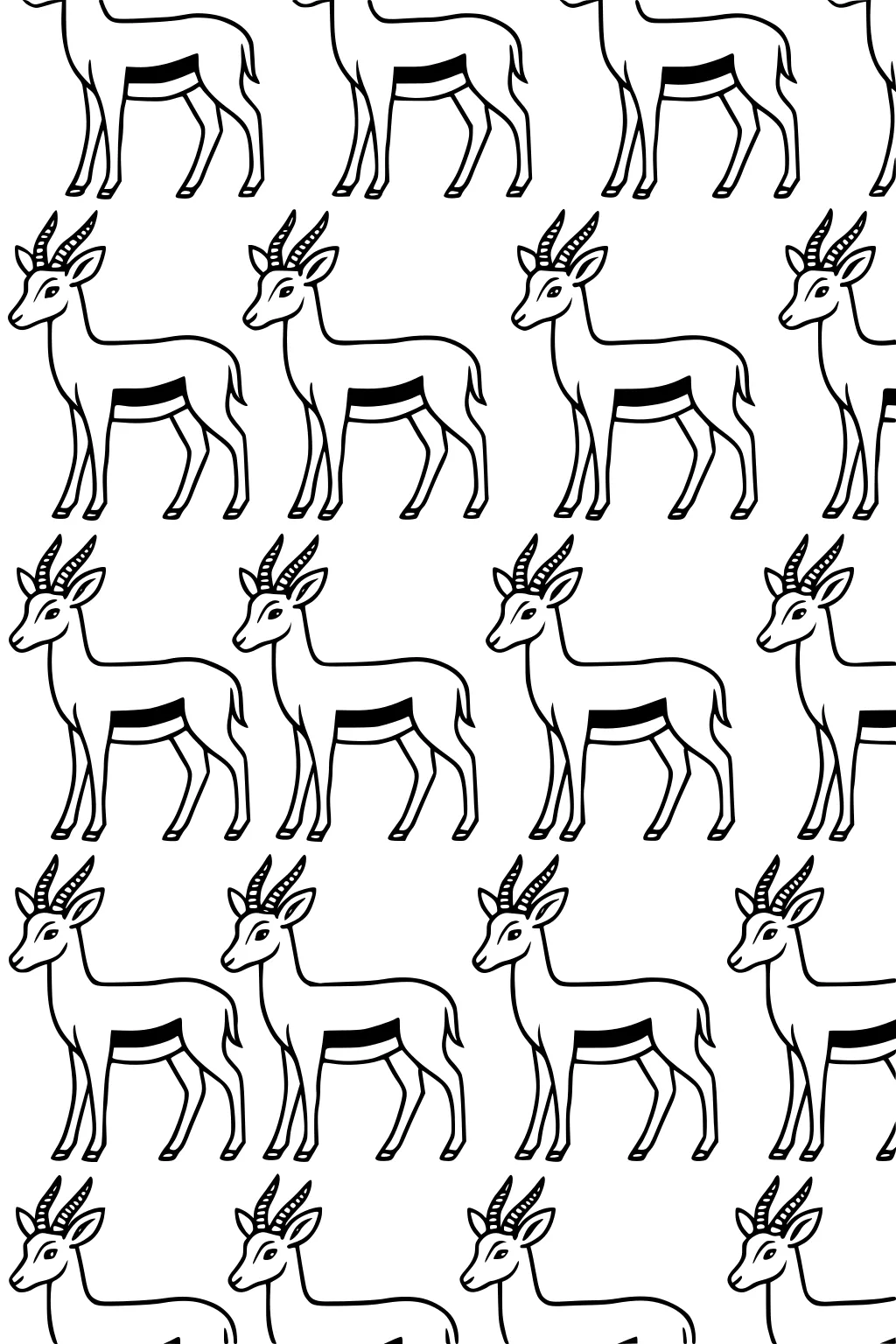 Rows of cartoon gazelles with spiral horns, upright ears, and side stripes, standing evenly spaced across a white background.