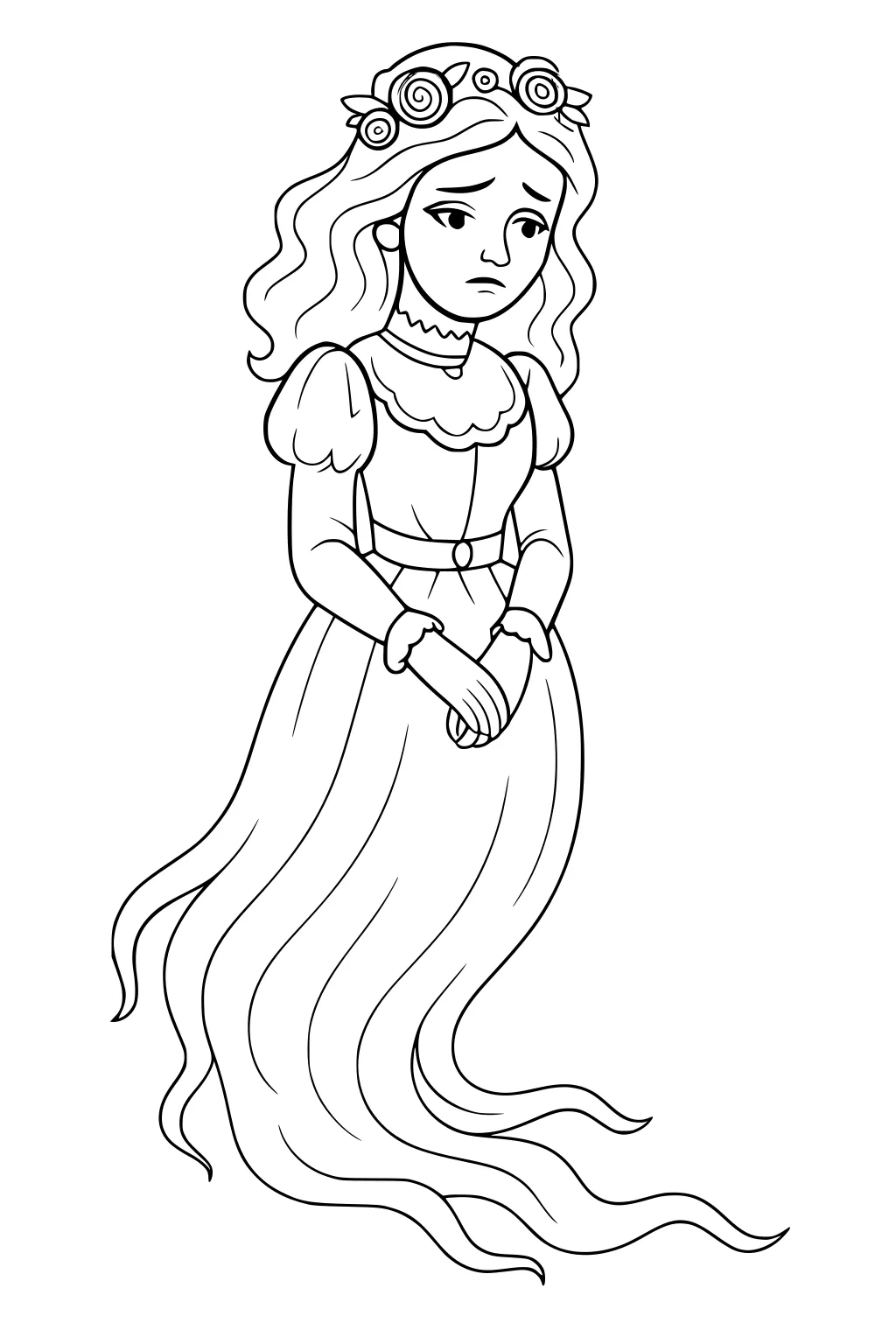 Ghost girl with rose crown, puffy-sleeved dress, clasped hands, and a flowing wispy tail, outlined for coloring.