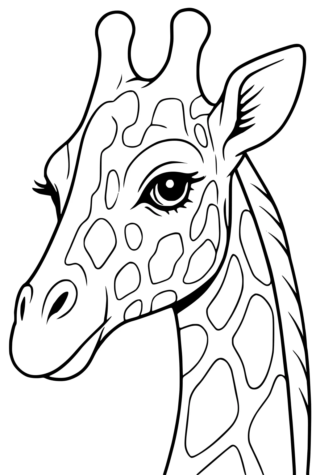 Outlined cartoon giraffe face with big eyes, long neck, patches, smiling mouth, large ears, and two ossicones.