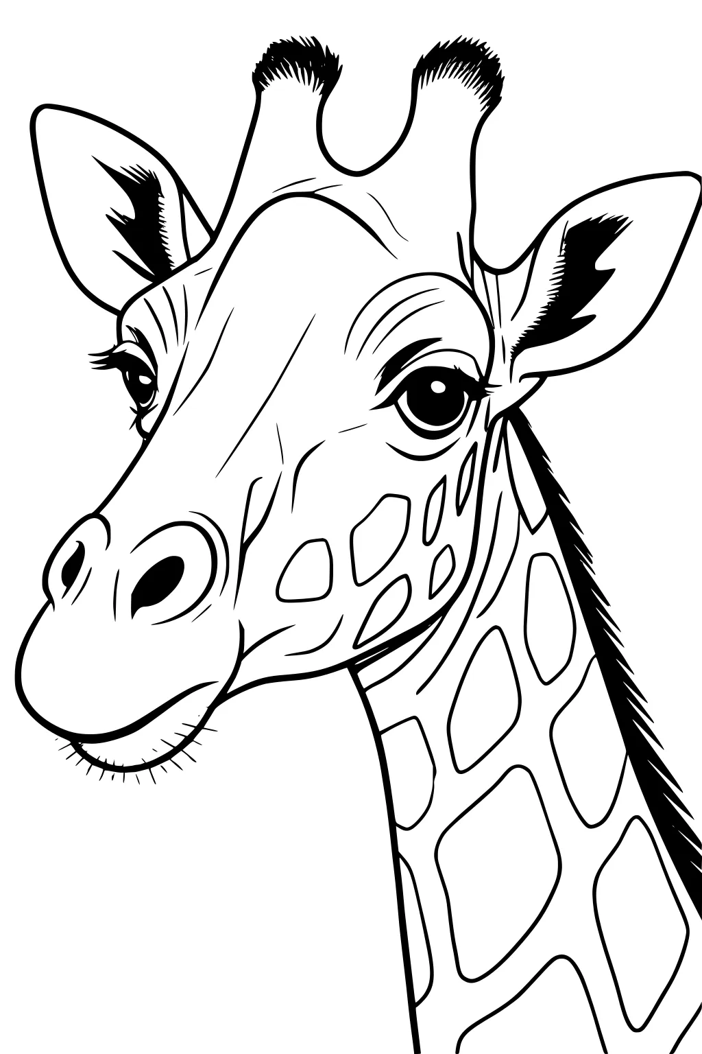 Giraffe face and neck close up, showing large eyes, short horns, and a pattern of spots.
