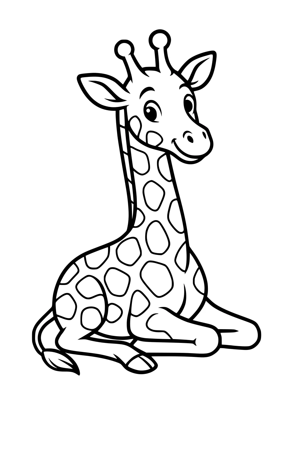 Cartoon giraffe sitting down, smiling, with spots and long neck, facing forward.