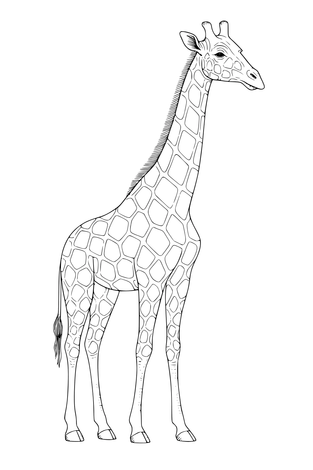 Outline drawing of a standing giraffe with patterned spots and a long neck for coloring.