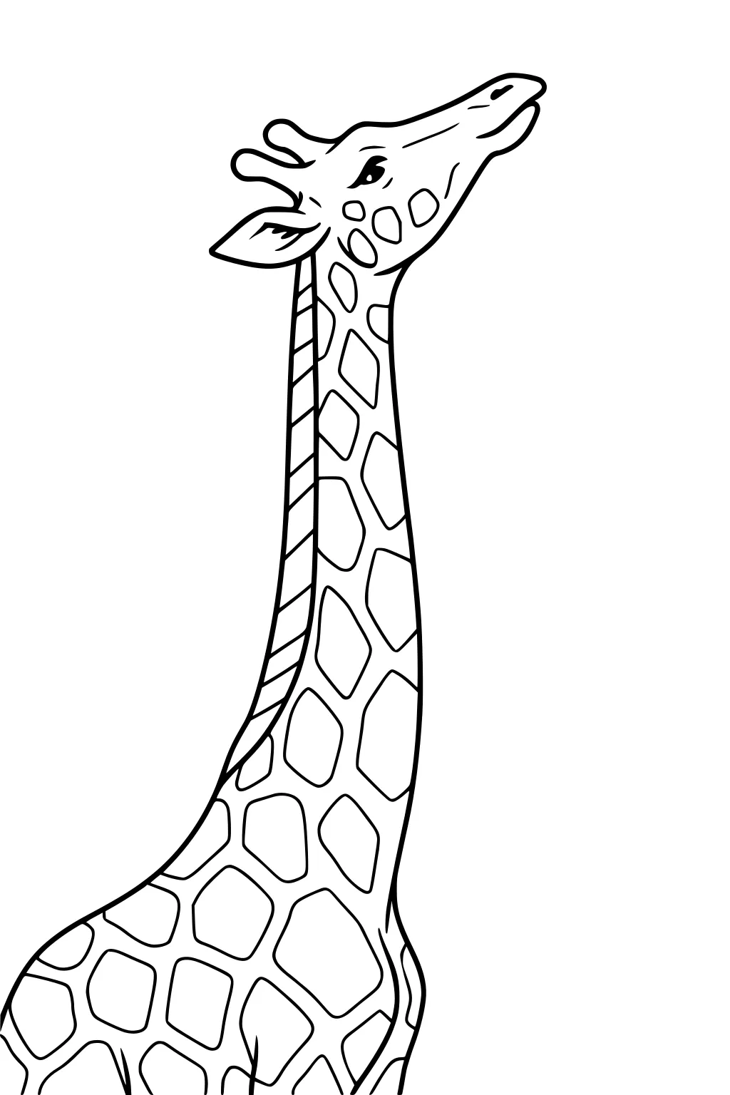 Line drawing of a giraffe with a long neck and large patches, head tilted upward, facing left.