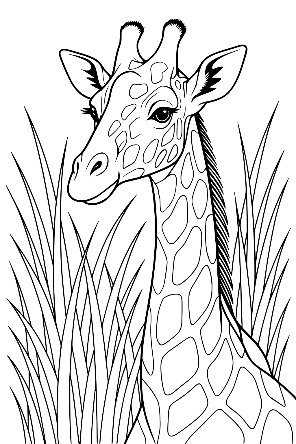 Giraffe with a long neck and spotted pattern stands in tall grass, looking forward with large eyes and upright ears.