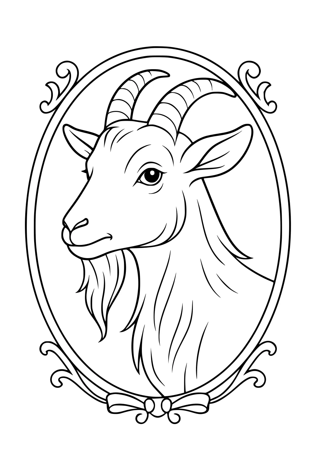 Goat with striped horns in an oval ornate frame. Detailed fur and beard. Decorative swirls and bow around the border.