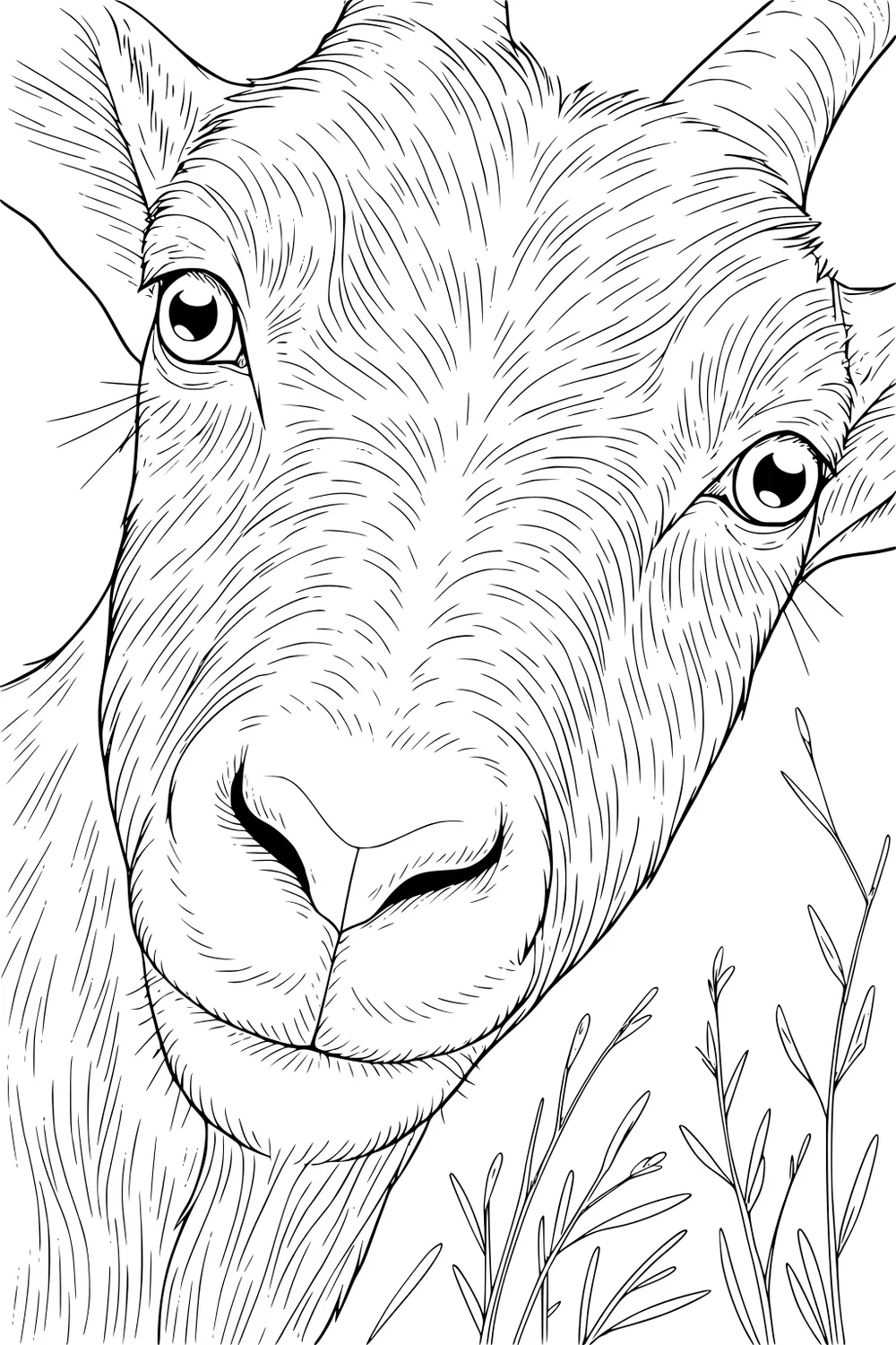 A goat face close-up with detailed fur, wide horns, big expressive eyes, and thin grasses in the corner.