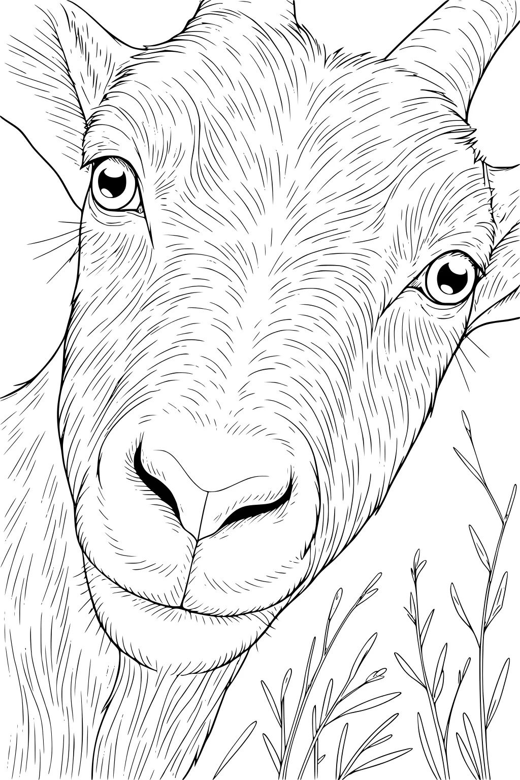 A goat face close-up with detailed fur, wide horns, big expressive eyes, and thin grasses in the corner.