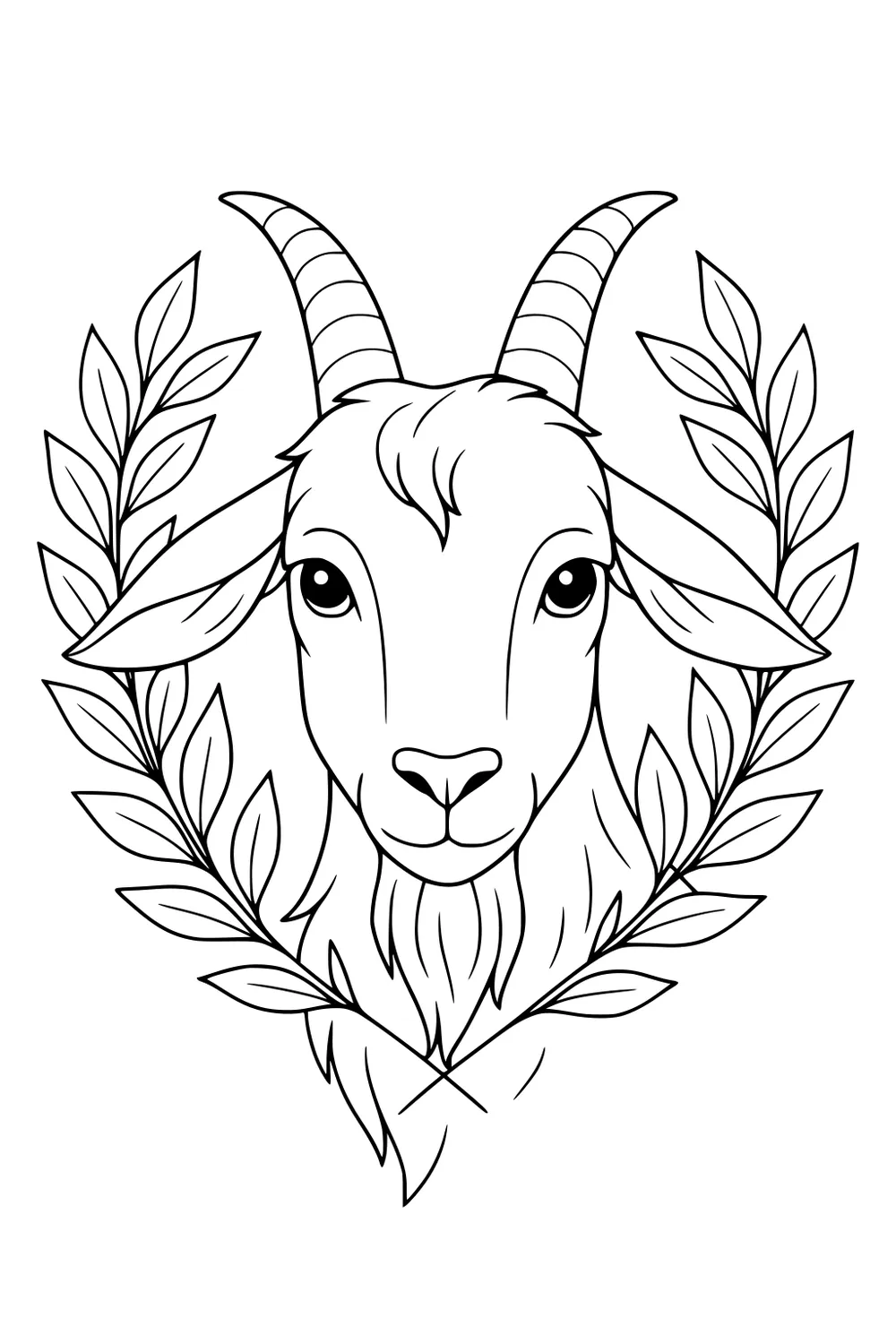 Goat head with striped horns and beard, framed by two leafy branch wreaths