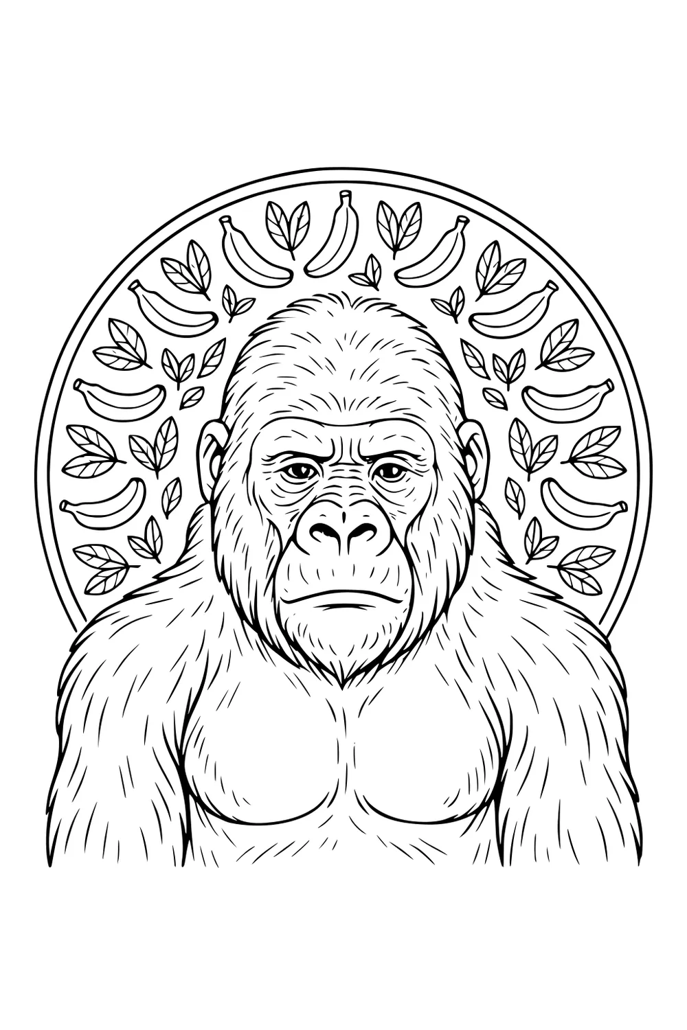 Gorilla with thick fur framed by circular border with bananas and leaves.
