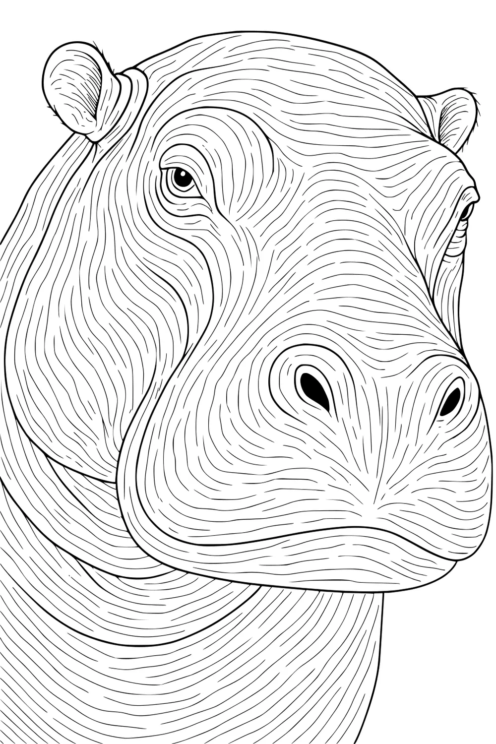 Close-up hippopotamus face, showing wrinkled skin, round ears, and wide nostrils with fine line details.