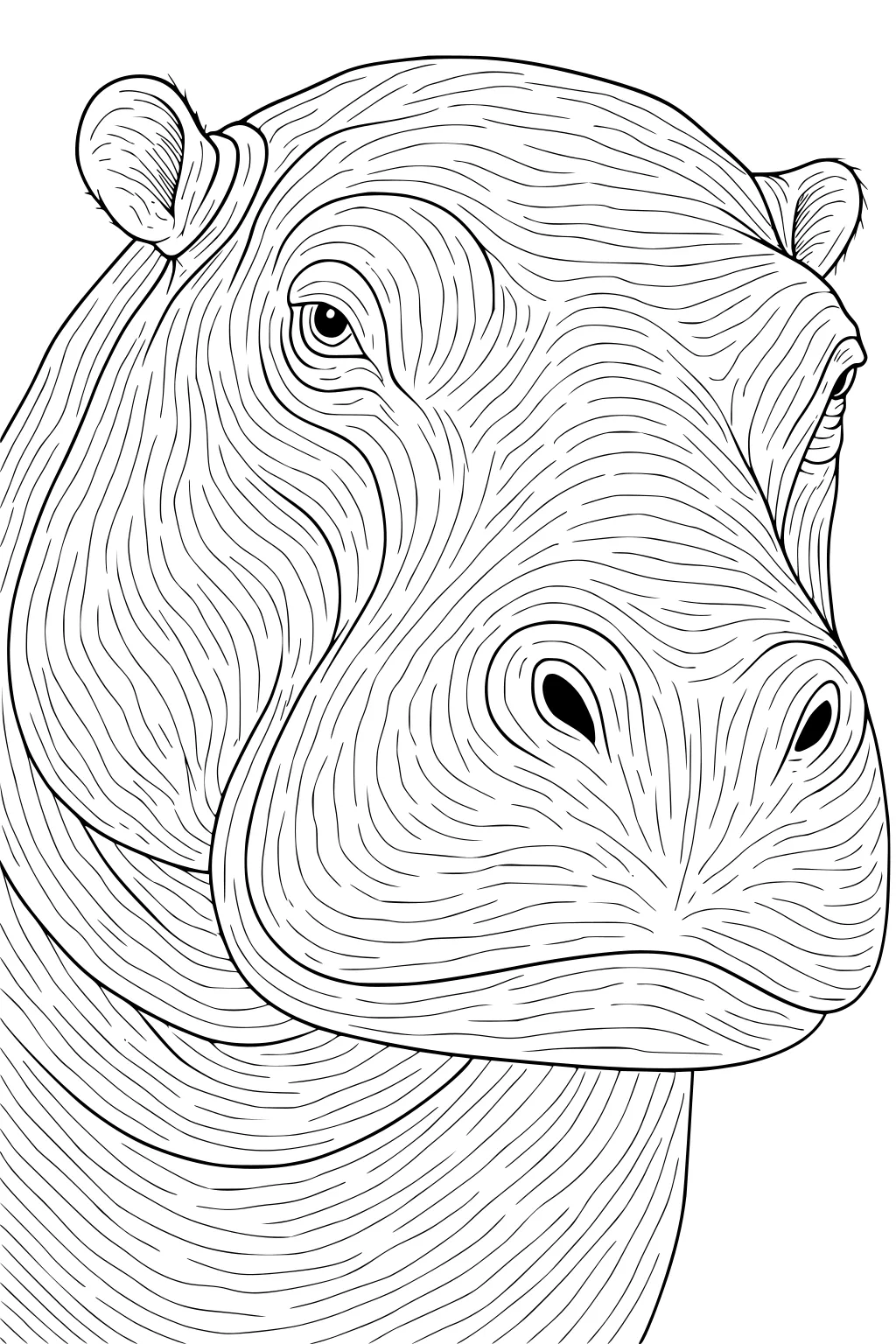 Close-up hippopotamus face, showing wrinkled skin, round ears, and wide nostrils with fine line details.