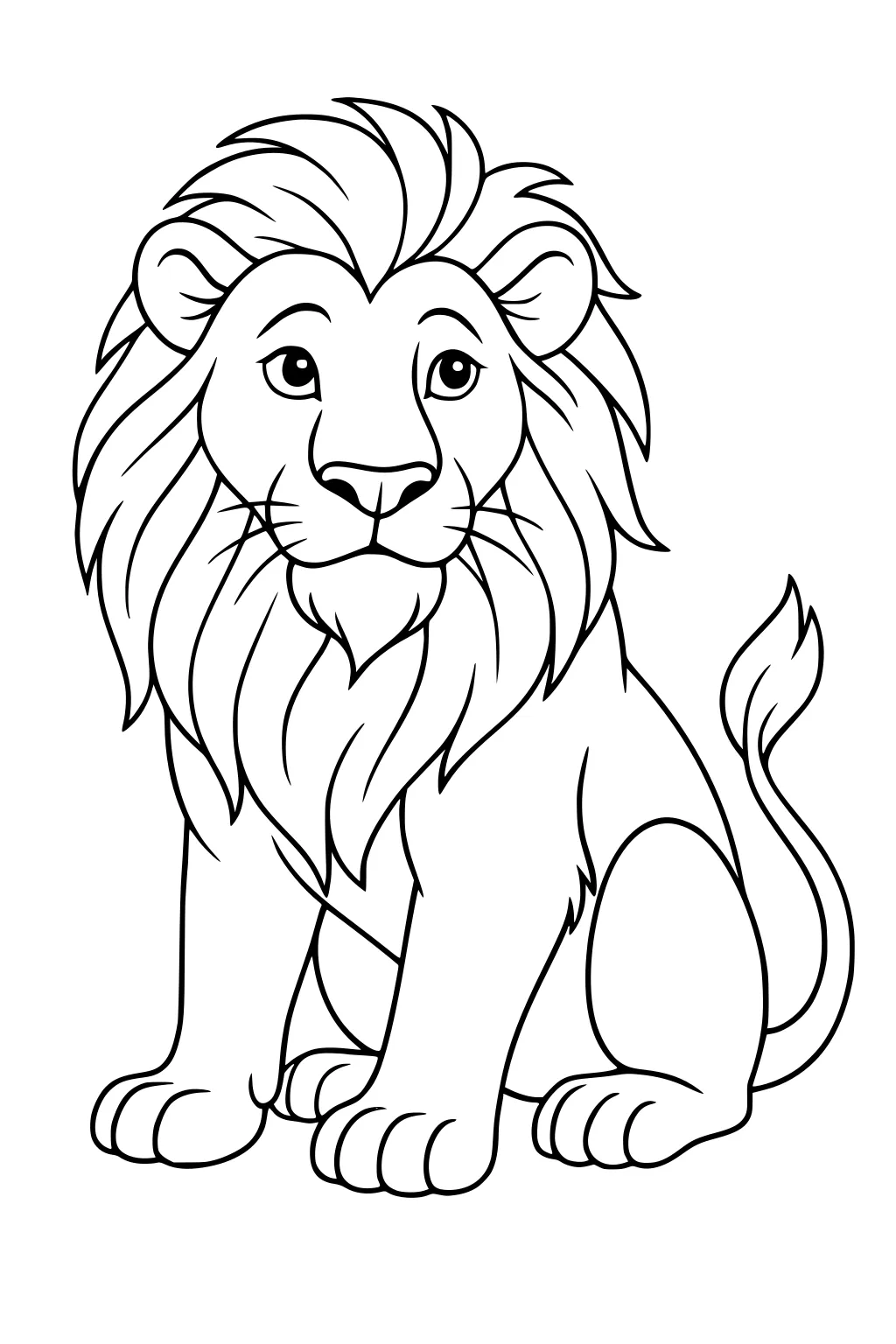 Line drawing of a lion sitting with a large mane, front view, rounded paws, and a curled tail.