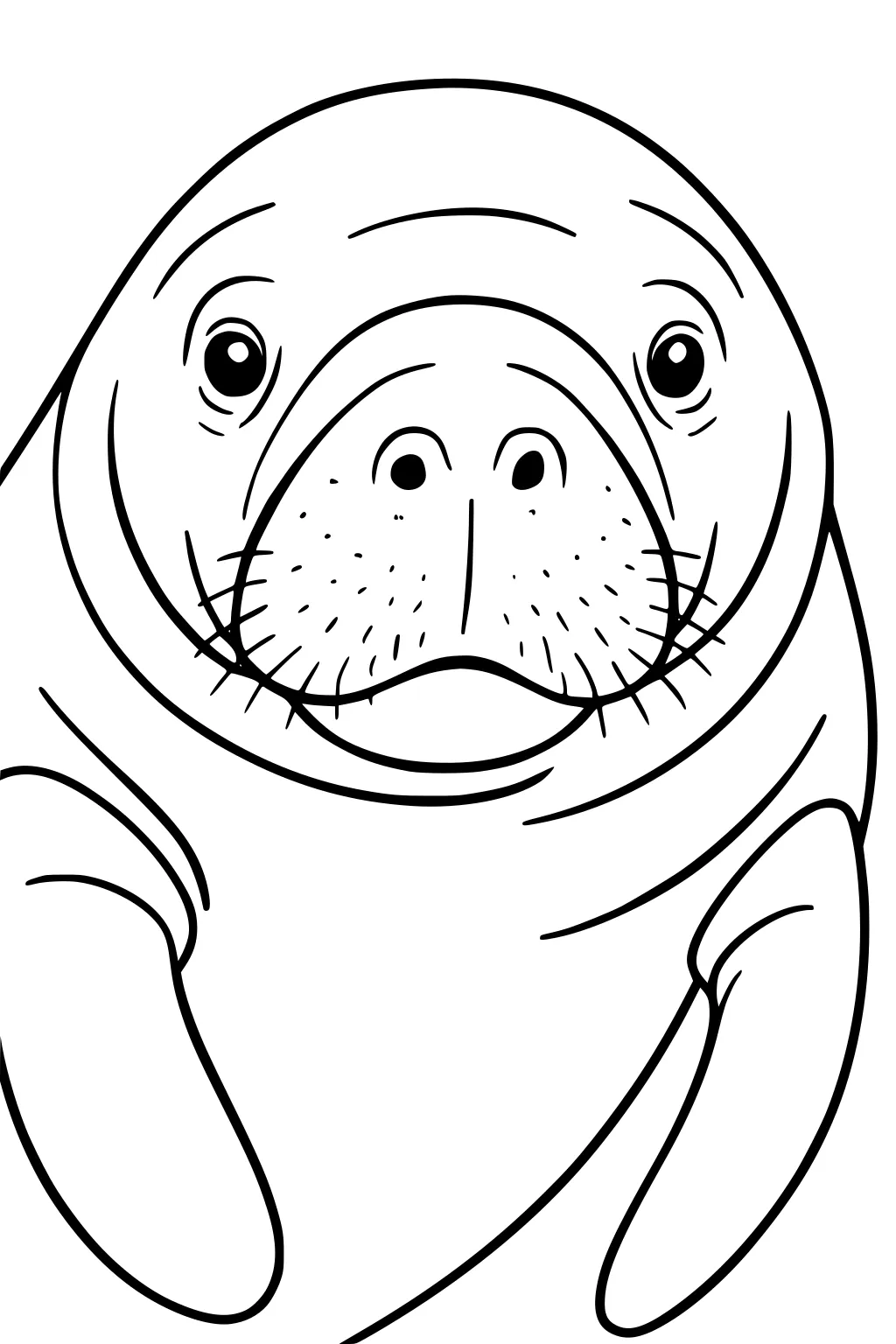 Line drawing of a manatee's face and flippers with whiskers and big round features.