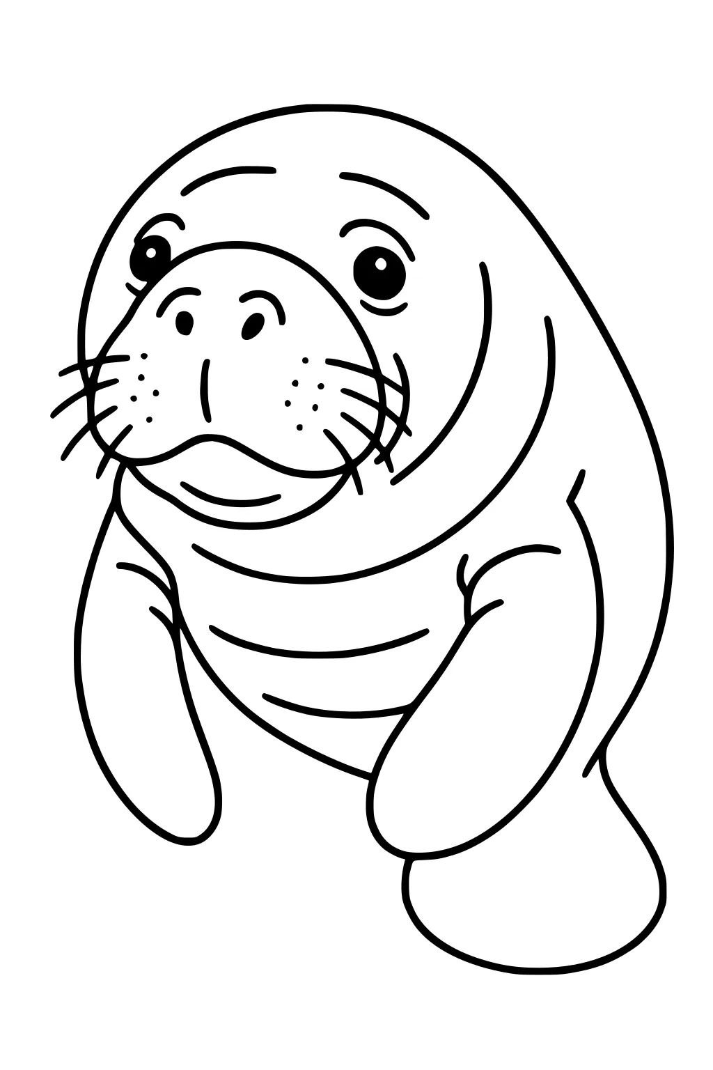 Outlined manatee with big eyes, rounded nose, long whiskers, and flippers visible on a blank background.