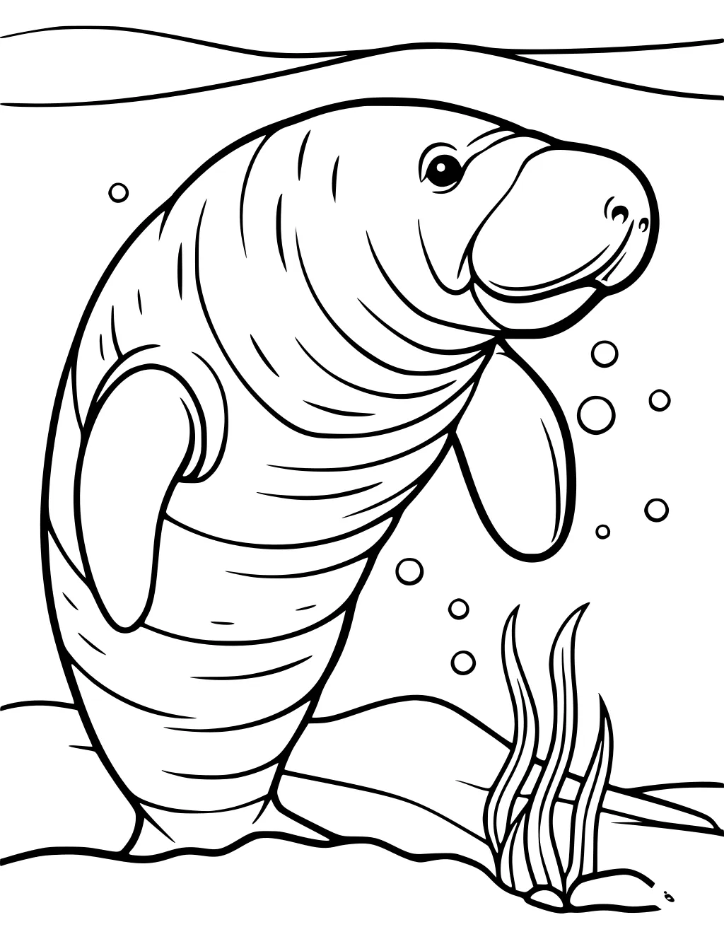 Cartoon manatee floating upright underwater near sea grass, surrounded by bubbles and wavy water lines.