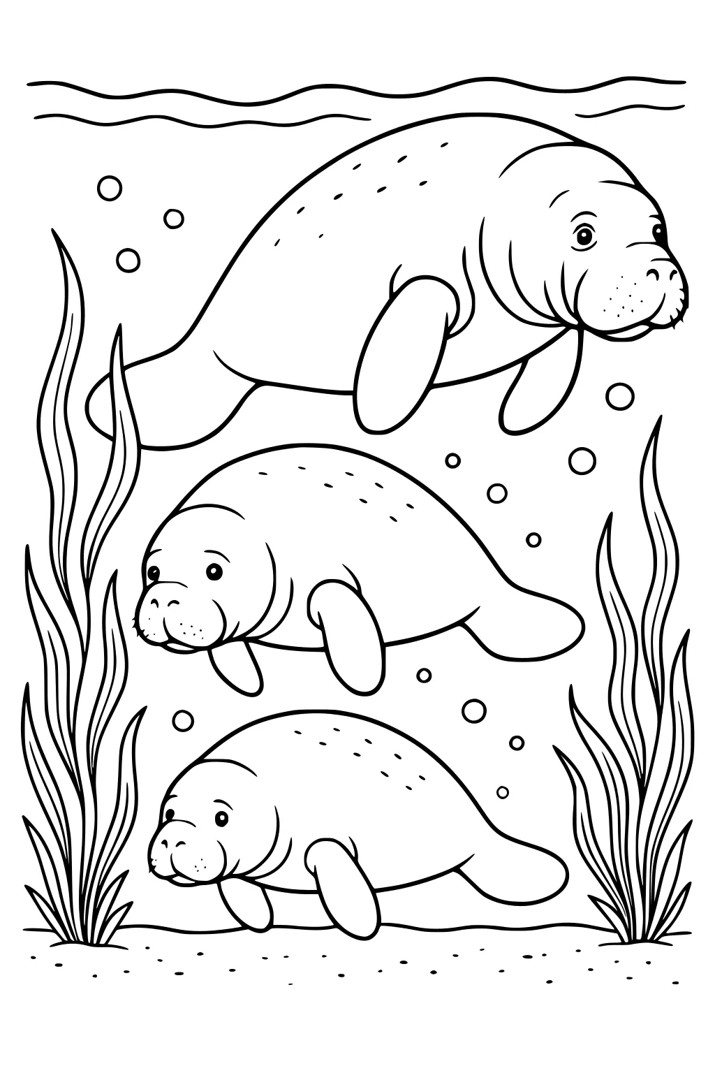 Three cartoon manatees swim underwater with seaweed, bubbles, and sand along the bottom.