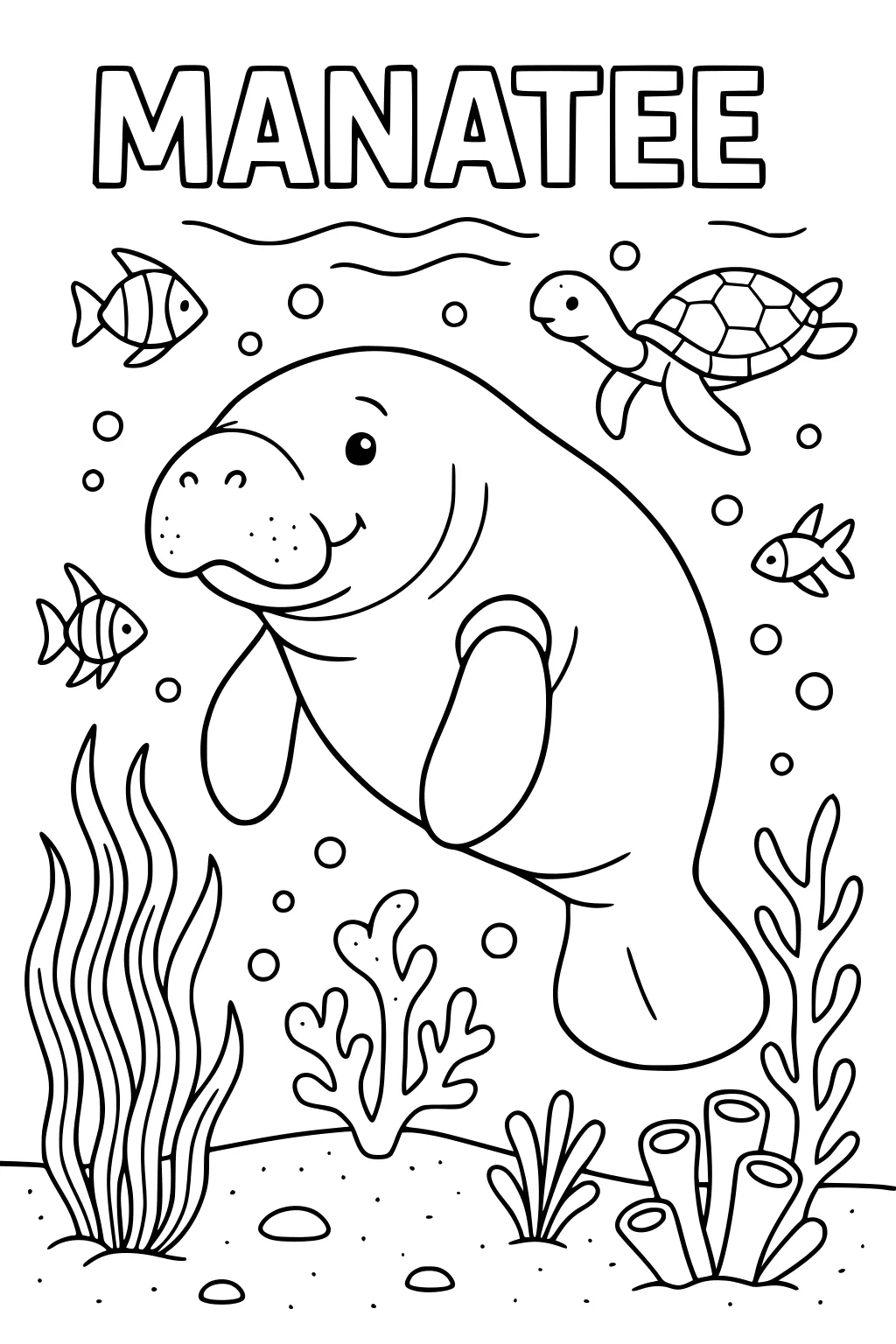 Smiling manatee swims underwater with turtle, fish, bubbles, plants, and coral in ocean scene.