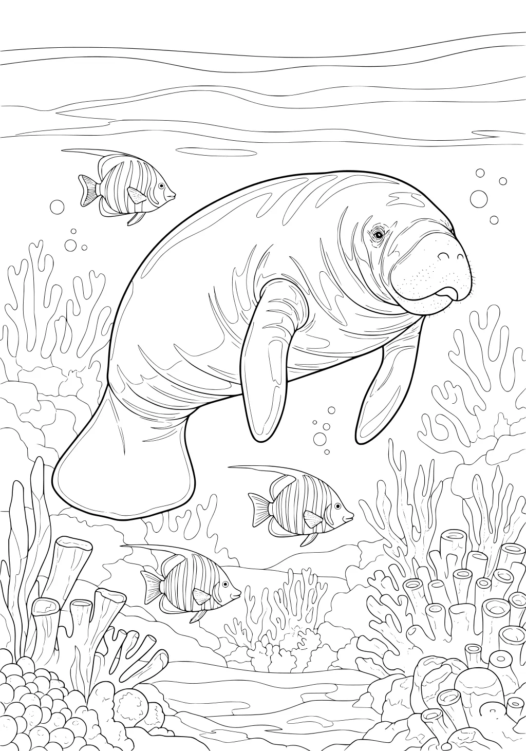 Manatee swims through coral reef with three striped fish and plants in the background.