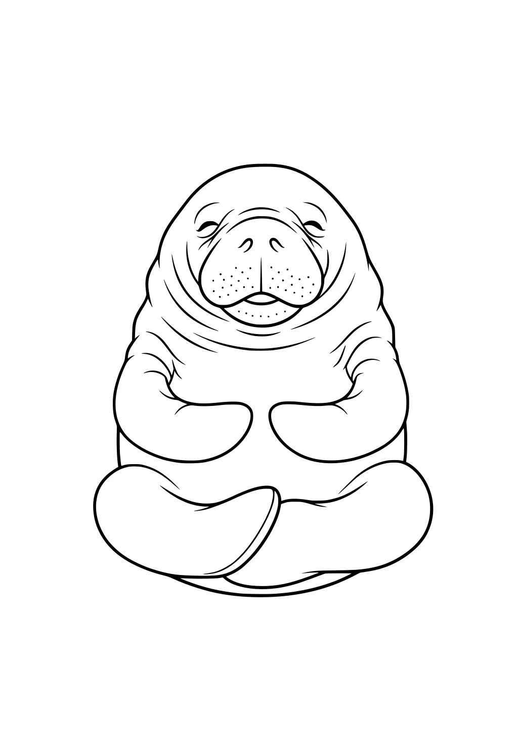 Line art of a manatee sitting upright with flippers folded and wrinkled features.