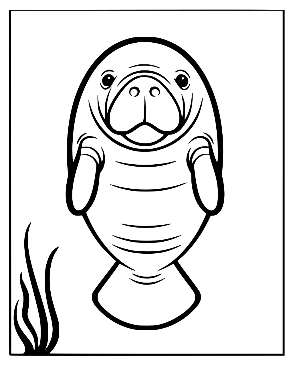 Simple manatee with big nose and small flippers, floating in water with sea grass in the corner of the frame.