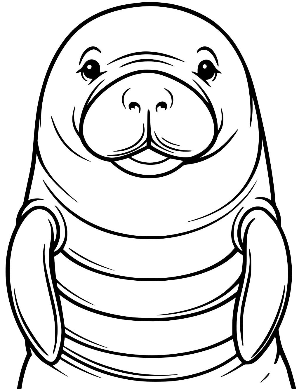 Front view of a manatee with a smiling face and rounded flippers, outlined in black and white.
