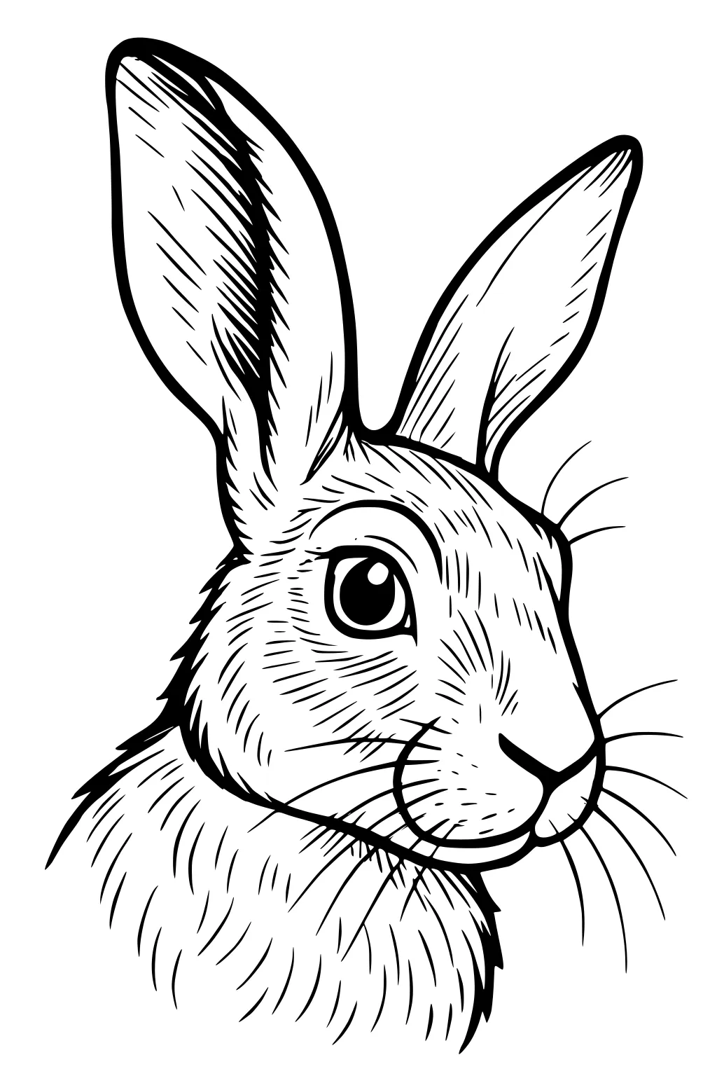 Line drawing of a hare’s head with tall ears, textured fur, and a bright, alert eye facing left.