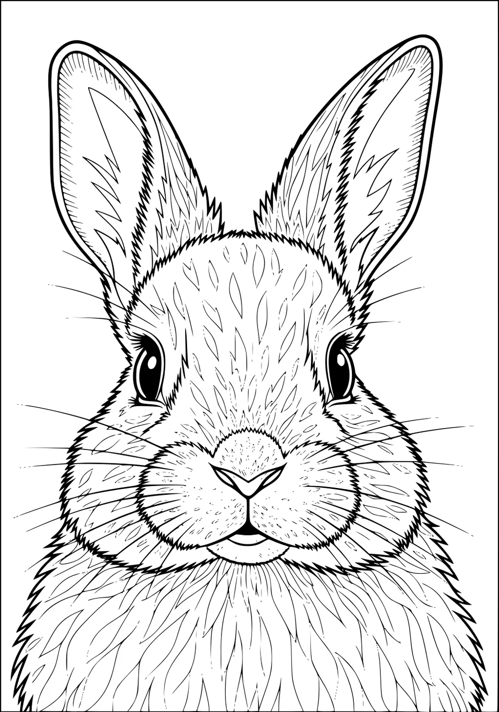 Rabbit face with big ears, fluffy fur, and detailed whiskers, shown from the front.