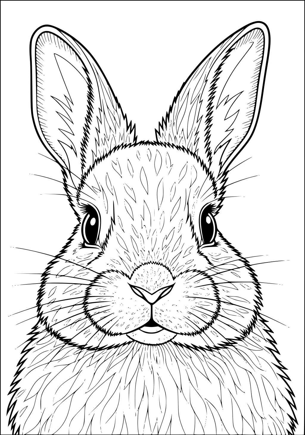 Rabbit face with big ears, fluffy fur, and detailed whiskers, shown from the front.