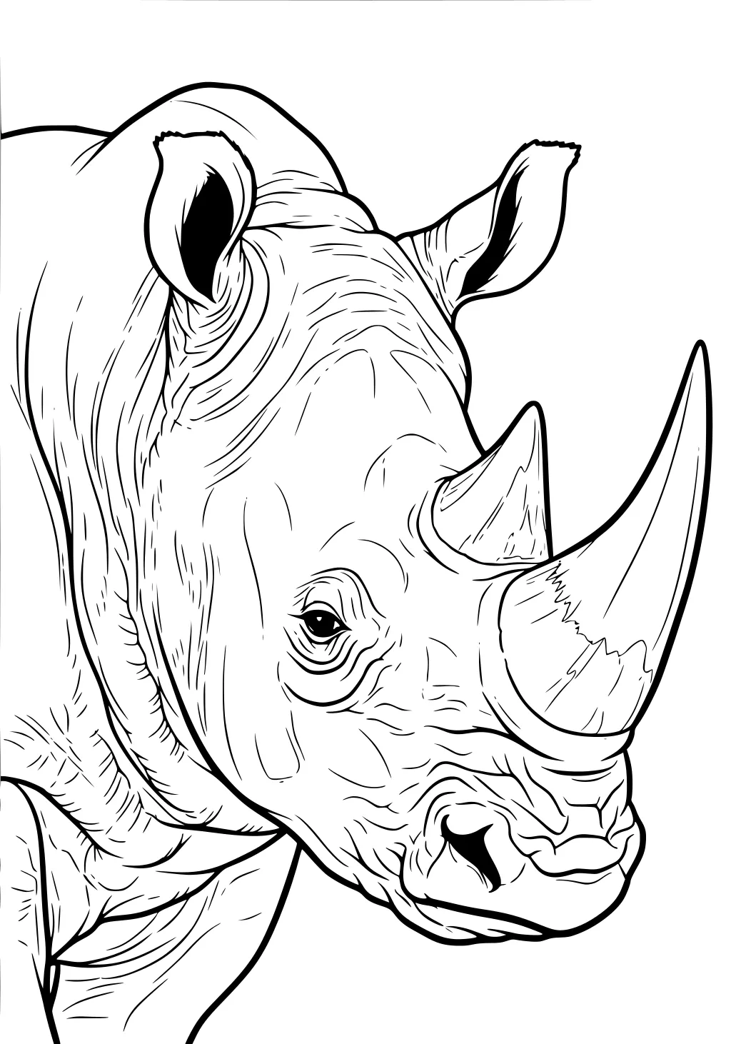Realistic rhinoceros head with two large horns, perky ears, and detailed skin folds facing forward.