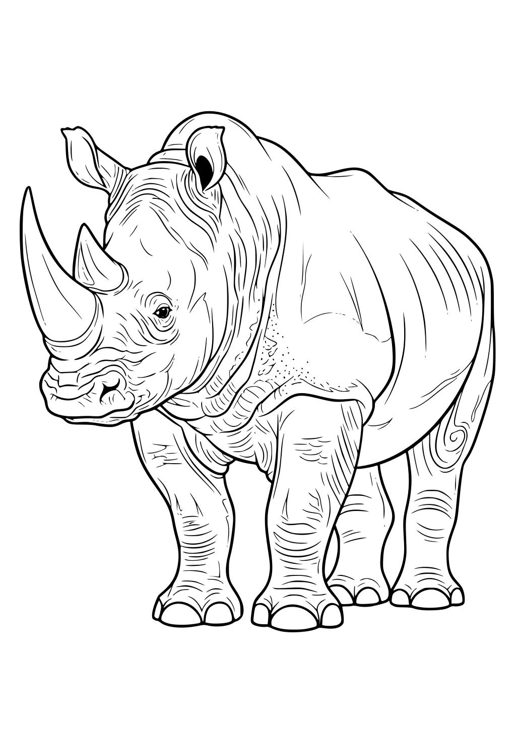 Line drawing of a rhinoceros with detailed skin, large horn, upright ears, and thick legs.